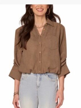 Democracy Olive Ruched Sleeve Bubble Hem